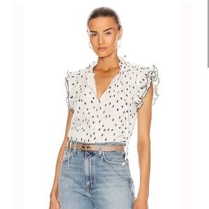 Ganni Polka Dot Ruffle Trim Blouse Black and White S